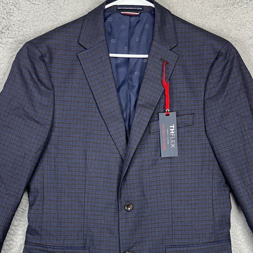 Tommy‎ Hilfiger Sport Coat Mens 42L TH Flex Navy Brown Plaid Stretch NEW